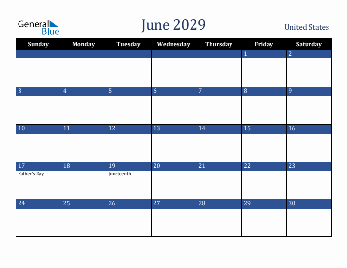 June 2029 United States Calendar (Sunday Start)