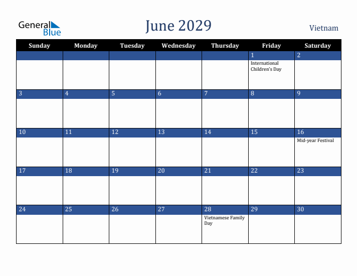 June 2029 Vietnam Calendar (Sunday Start)
