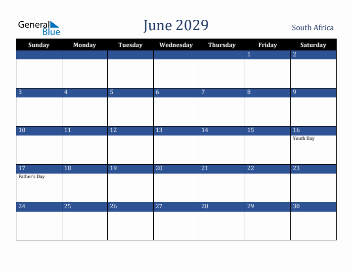 June 2029 South Africa Calendar (Sunday Start)