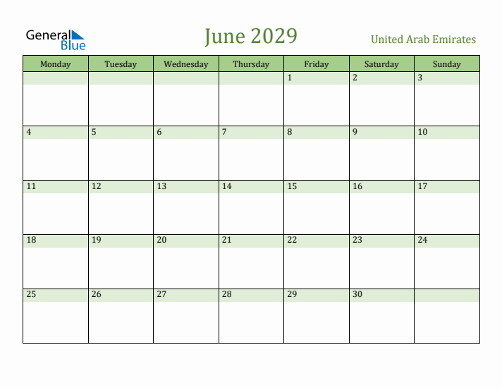 June 2029 Calendar with United Arab Emirates Holidays