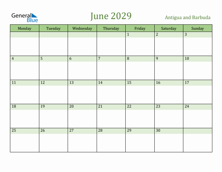 June 2029 Calendar with Antigua and Barbuda Holidays