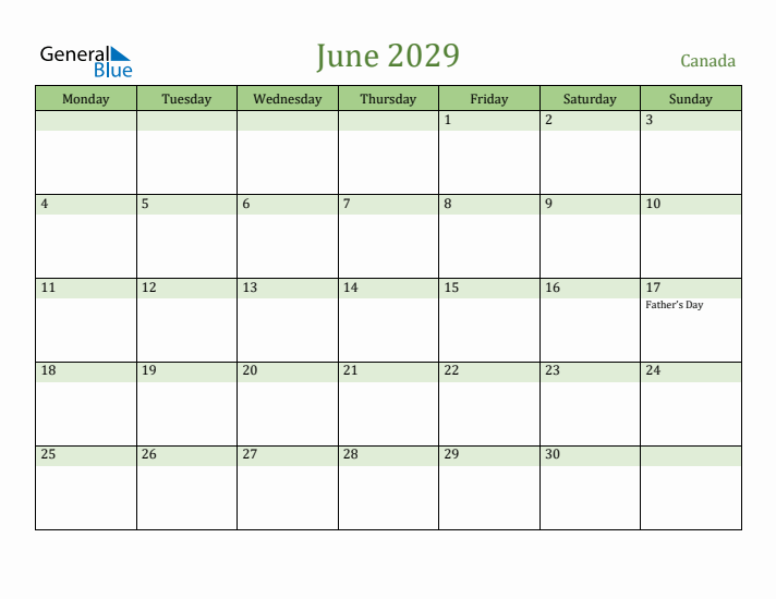 June 2029 Calendar with Canada Holidays