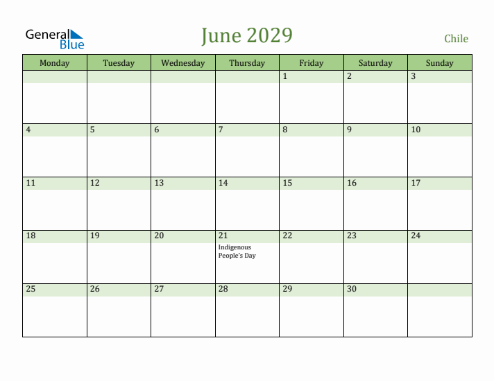June 2029 Calendar with Chile Holidays