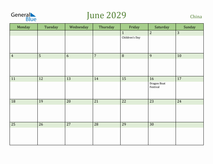 June 2029 Calendar with China Holidays