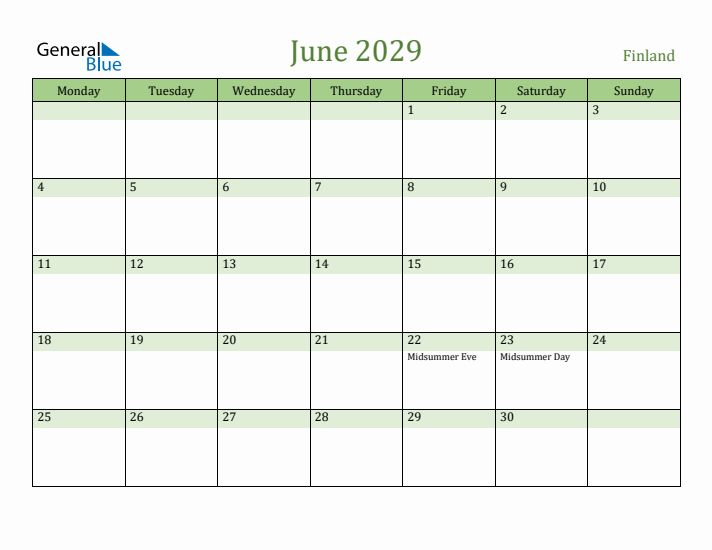 June 2029 Calendar with Finland Holidays