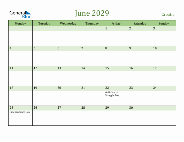 June 2029 Calendar with Croatia Holidays