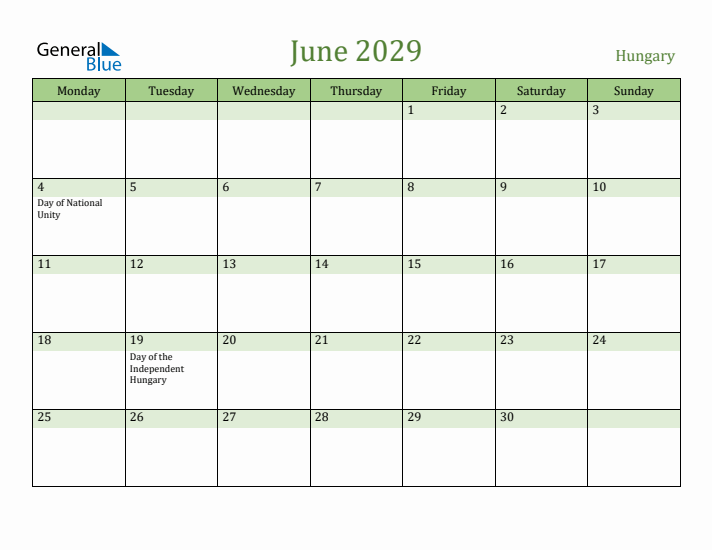June 2029 Calendar with Hungary Holidays