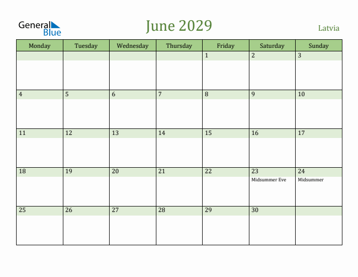 June 2029 Calendar with Latvia Holidays