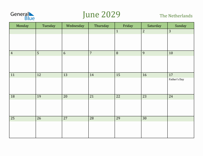 June 2029 Calendar with The Netherlands Holidays
