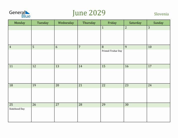 June 2029 Calendar with Slovenia Holidays
