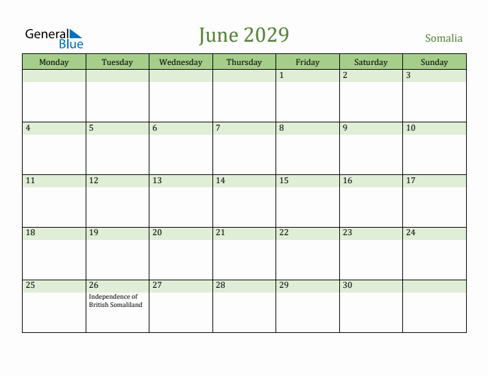 June 2029 Calendar with Somalia Holidays