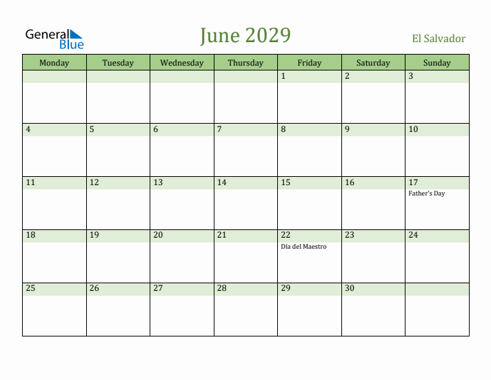 June 2029 Calendar with El Salvador Holidays