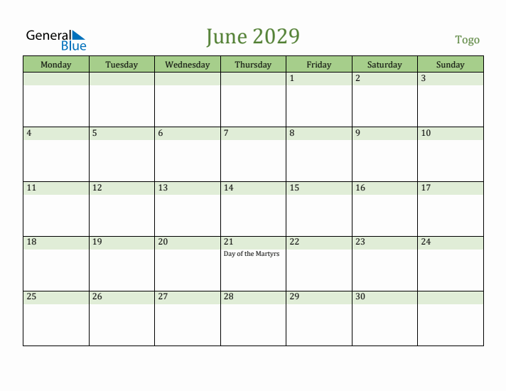 June 2029 Calendar with Togo Holidays