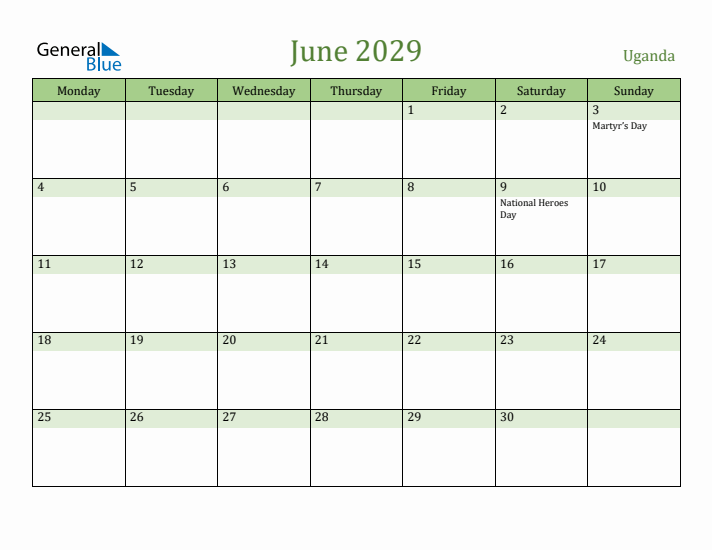 June 2029 Calendar with Uganda Holidays