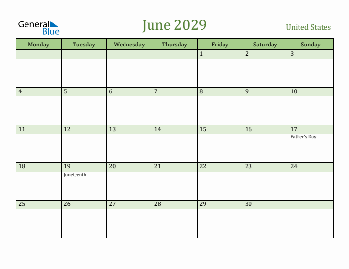 June 2029 Calendar with United States Holidays