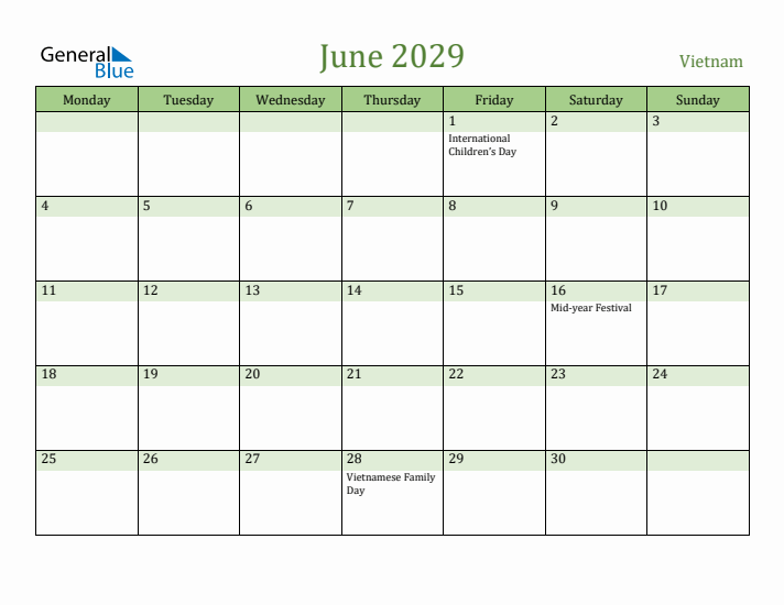 June 2029 Calendar with Vietnam Holidays