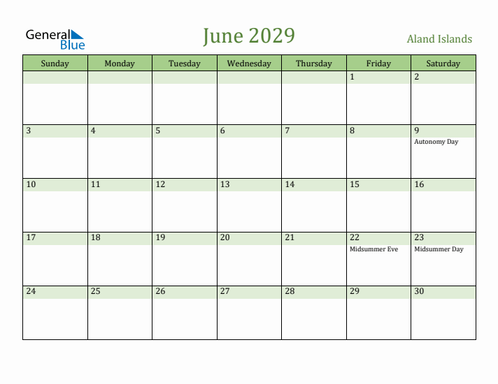 June 2029 Calendar with Aland Islands Holidays