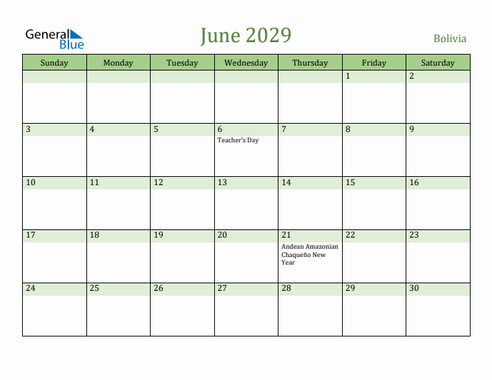 June 2029 Calendar with Bolivia Holidays