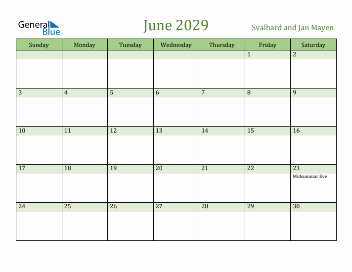 June 2029 Calendar with Svalbard and Jan Mayen Holidays