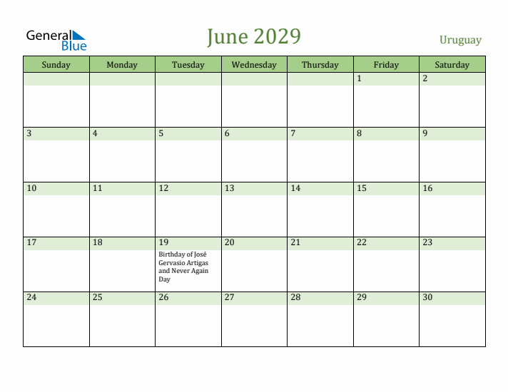 June 2029 Calendar with Uruguay Holidays