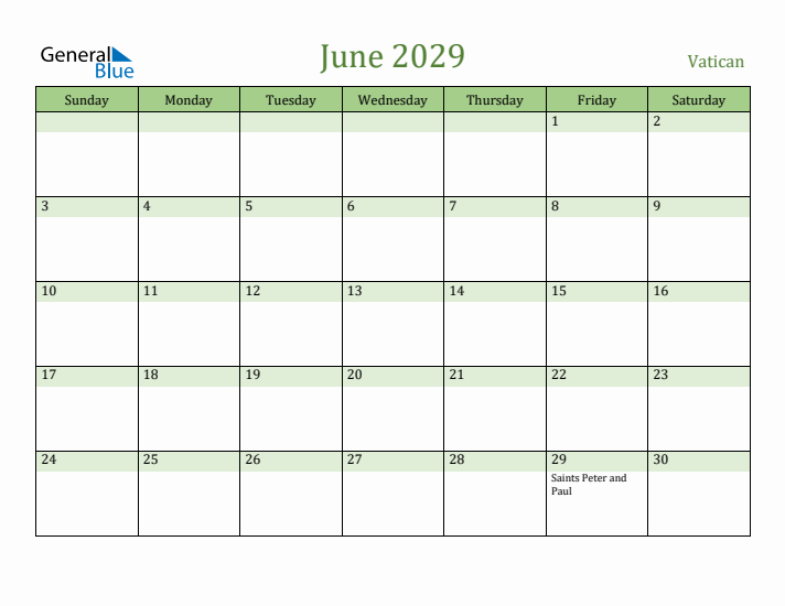 June 2029 Calendar with Vatican Holidays