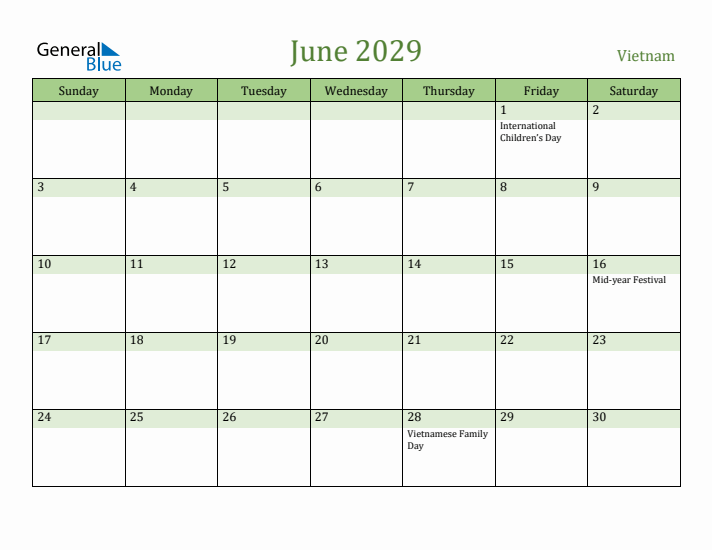 June 2029 Calendar with Vietnam Holidays