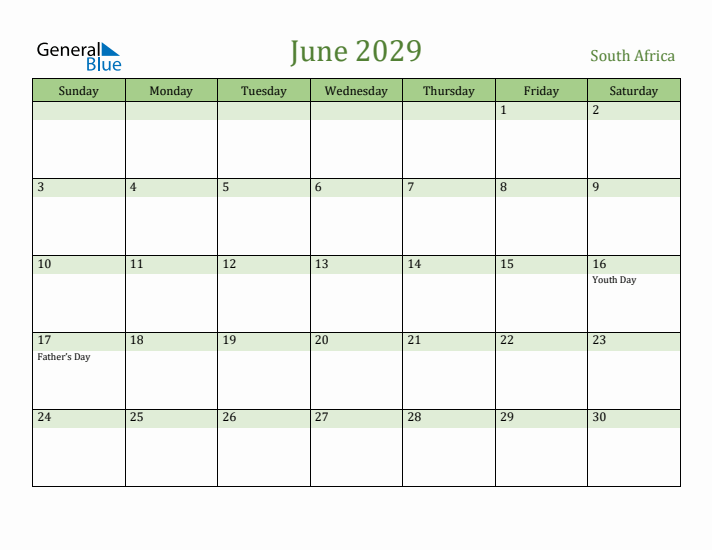 June 2029 Calendar with South Africa Holidays