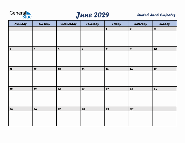 June 2029 Calendar with Holidays in United Arab Emirates