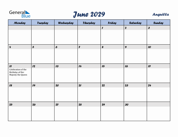 June 2029 Calendar with Holidays in Anguilla
