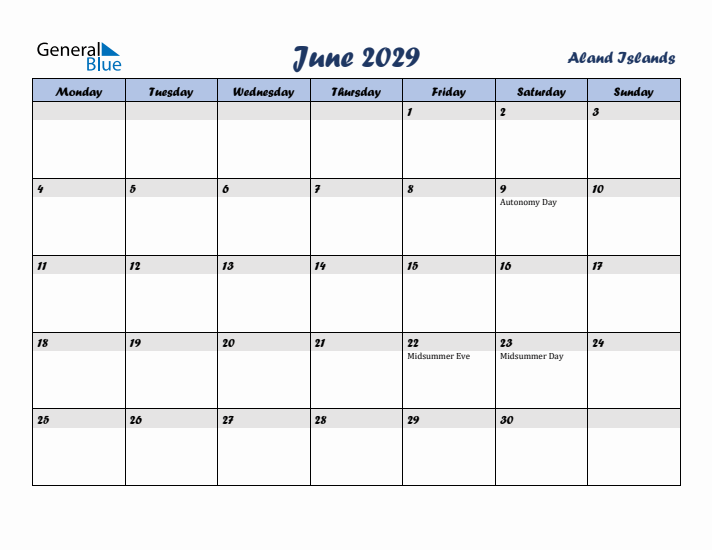 June 2029 Calendar with Holidays in Aland Islands