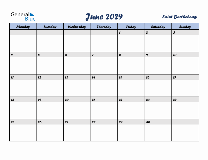 June 2029 Calendar with Holidays in Saint Barthelemy