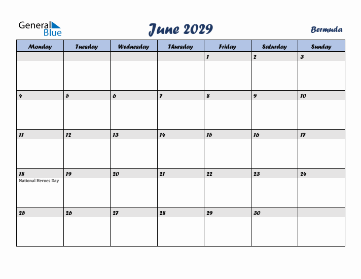 June 2029 Calendar with Holidays in Bermuda