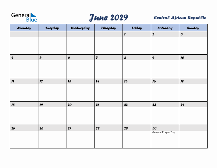 June 2029 Calendar with Holidays in Central African Republic