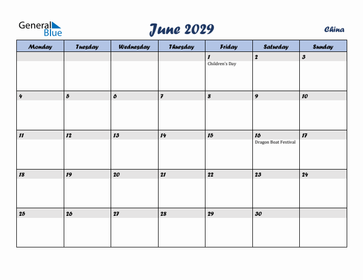 June 2029 Calendar with Holidays in China