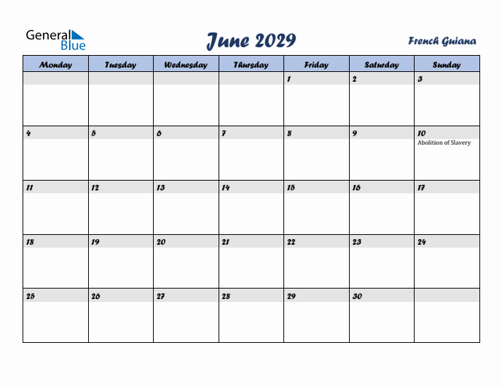 June 2029 Calendar with Holidays in French Guiana
