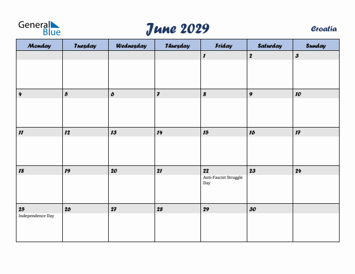 June 2029 Calendar with Holidays in Croatia