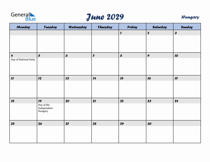June 2029 Calendar with Holidays in Hungary