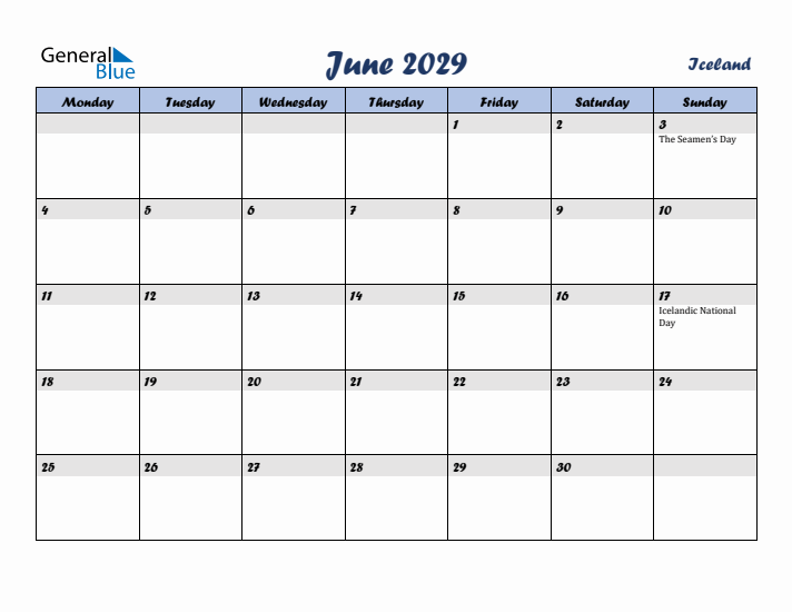 June 2029 Calendar with Holidays in Iceland