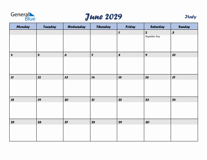 June 2029 Calendar with Holidays in Italy