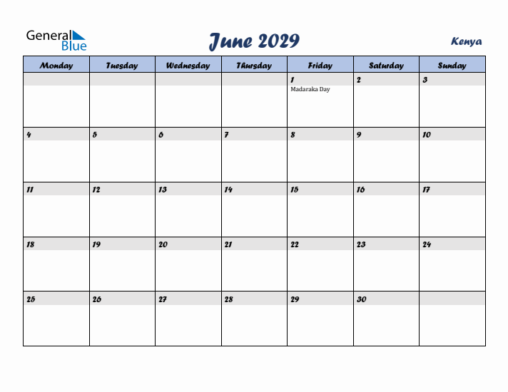 June 2029 Calendar with Holidays in Kenya