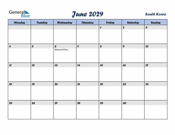 June 2029 Calendar with Holidays in South Korea
