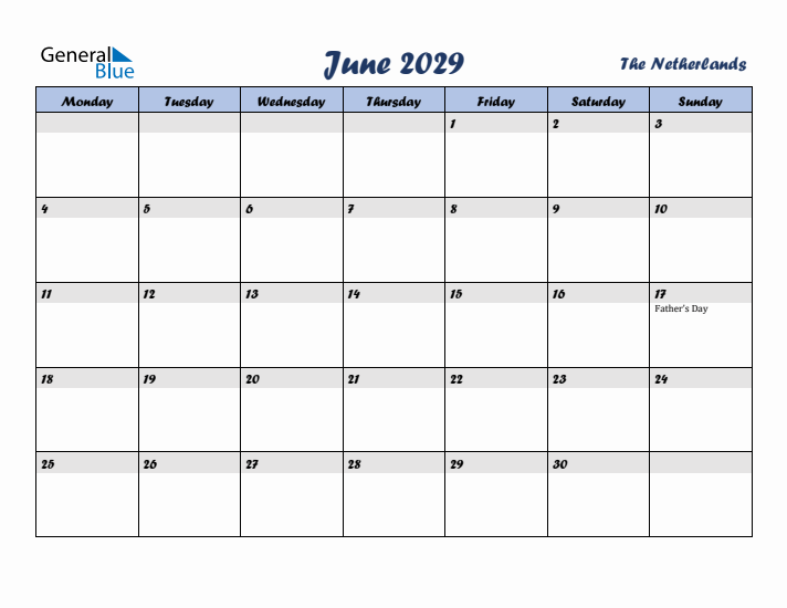 June 2029 Calendar with Holidays in The Netherlands