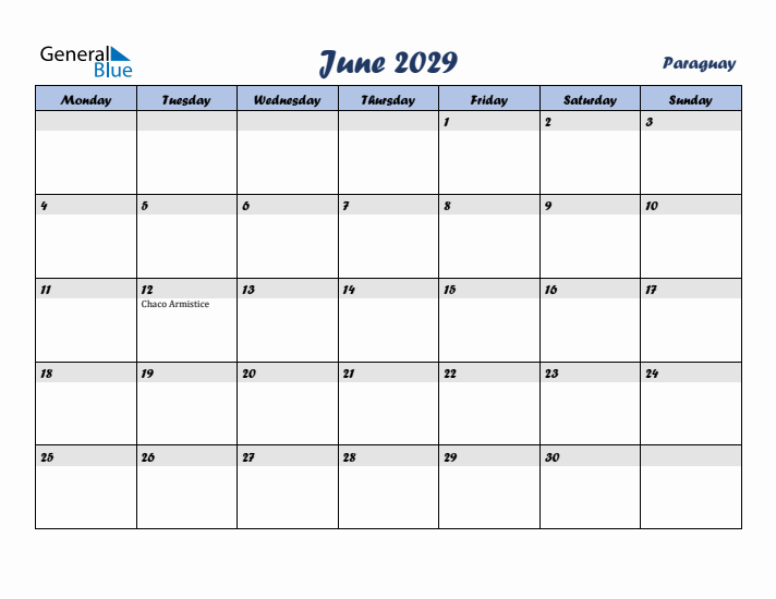 June 2029 Calendar with Holidays in Paraguay