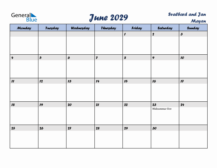 June 2029 Calendar with Holidays in Svalbard and Jan Mayen