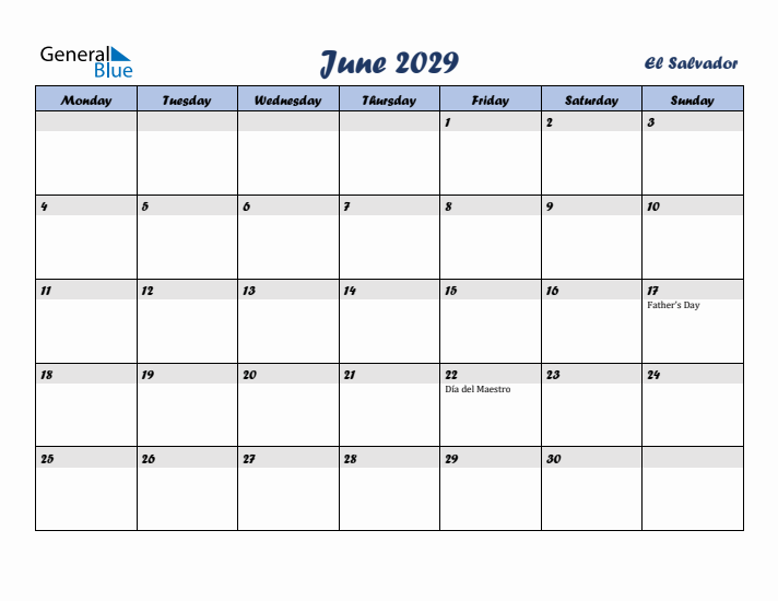 June 2029 Calendar with Holidays in El Salvador
