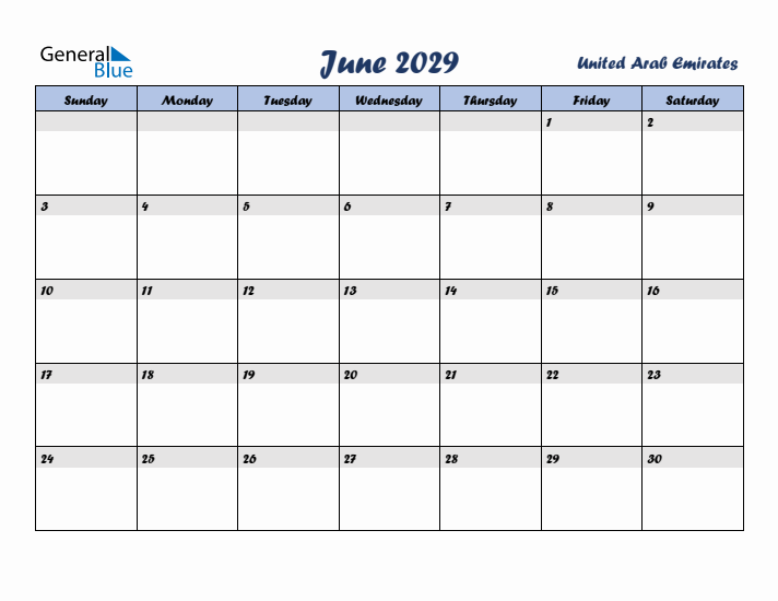 June 2029 Calendar with Holidays in United Arab Emirates