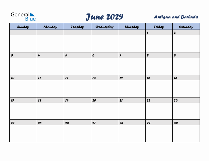 June 2029 Calendar with Holidays in Antigua and Barbuda