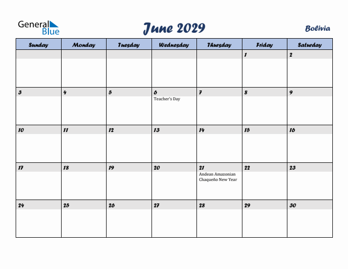 June 2029 Calendar with Holidays in Bolivia