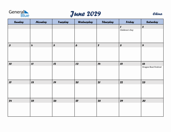 June 2029 Calendar with Holidays in China