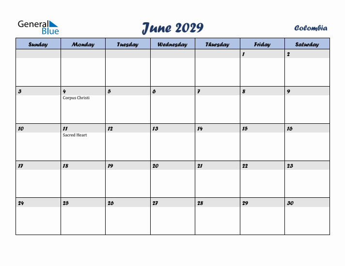 June 2029 Calendar with Holidays in Colombia